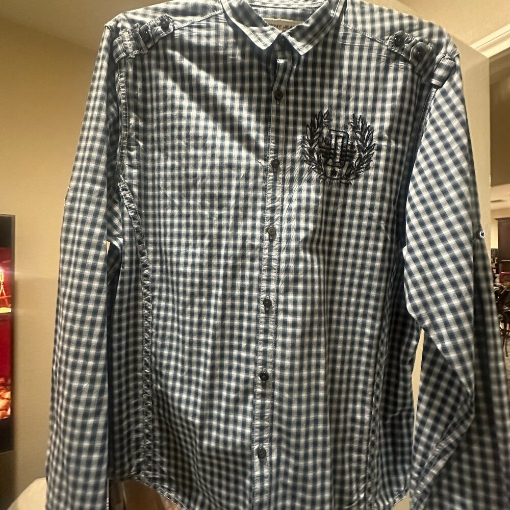 DKNY Jeans Men’s Blue Checkered Long Sleeve Button-Up Shirt – Size Large